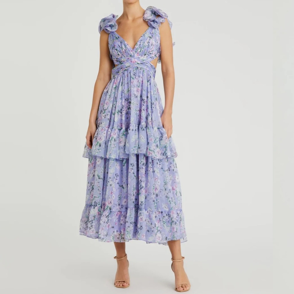 Ieena for Mac Duggal Ruffle Cut Out Gown Floral Purple Corset Dress Size 4